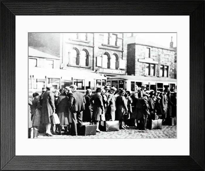 Framed Print : Queue for buses in Burnley, probably Wakes Week Framed Print : Queue for buses in Burnley, probably Wakes Week