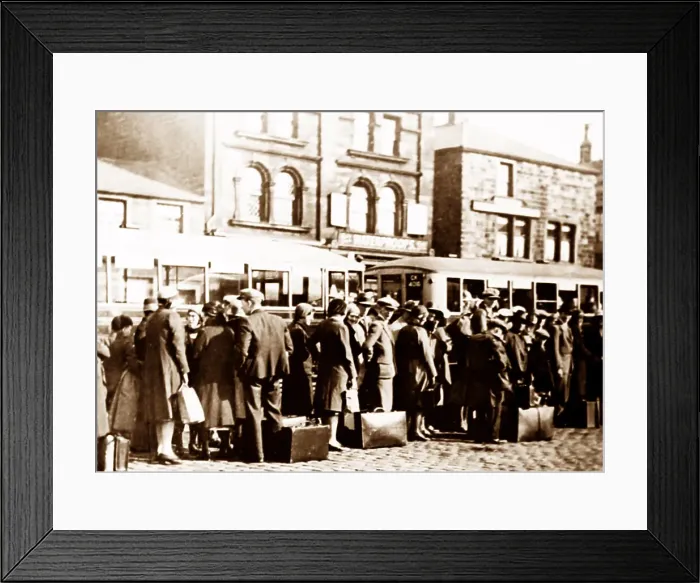Framed Print : Queue for buses in Burnley, probably Wakes Week Framed Print : Queue for buses in Burnley, probably Wakes Week