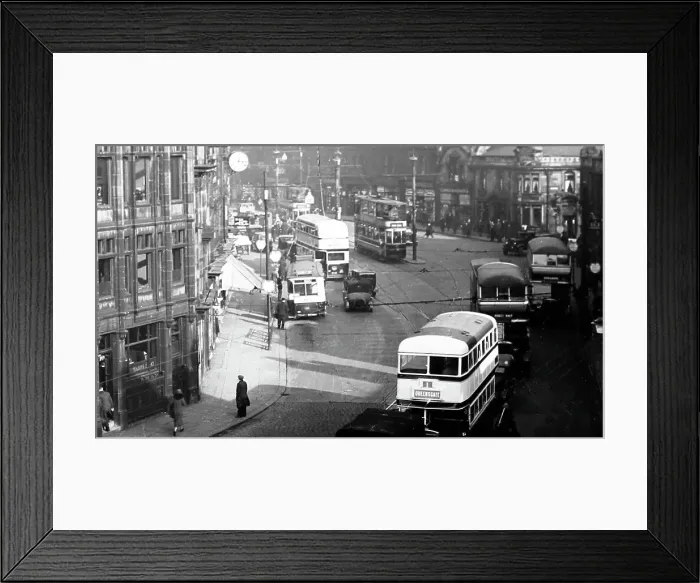 Framed Print : Trams and buses in Burnley, possibly 1930s Framed Print : Trams and buses in Burnley, possibly 1930s