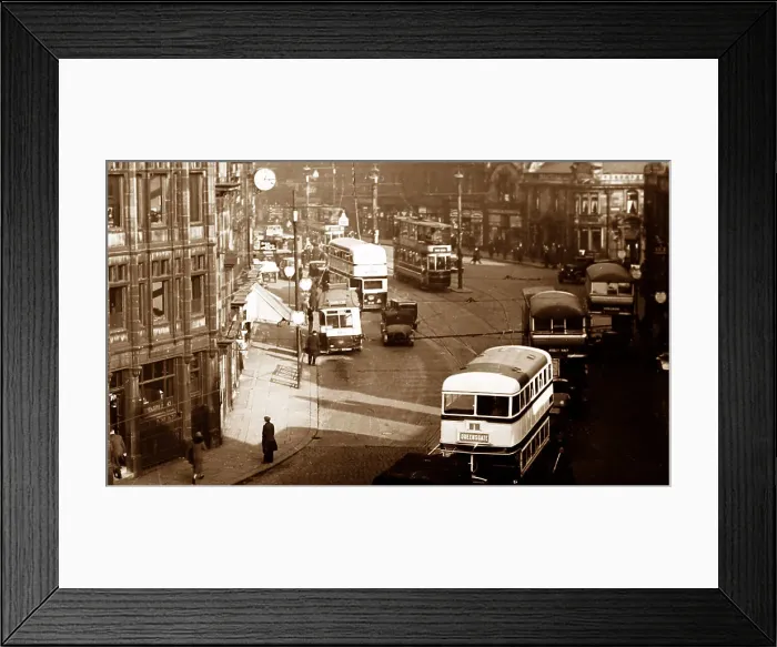 Framed Print : Trams and buses in Burnley, possibly 1930s Framed Print : Trams and buses in Burnley, possibly 1930s