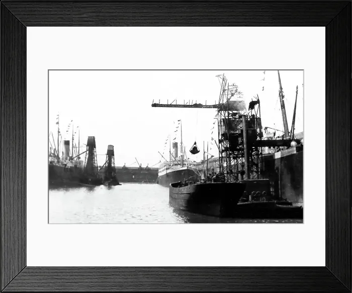 Framed Print : Steam crane loading ship, Liverpool Docks, early 1900s Framed Print : Steam crane loading ship, Liverpool Docks, early 1900s