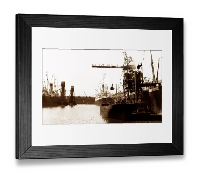 Framed Print : Steam crane loading ship, Liverpool Docks, early 1900s Framed Print : Steam crane loading ship, Liverpool Docks, early 1900s