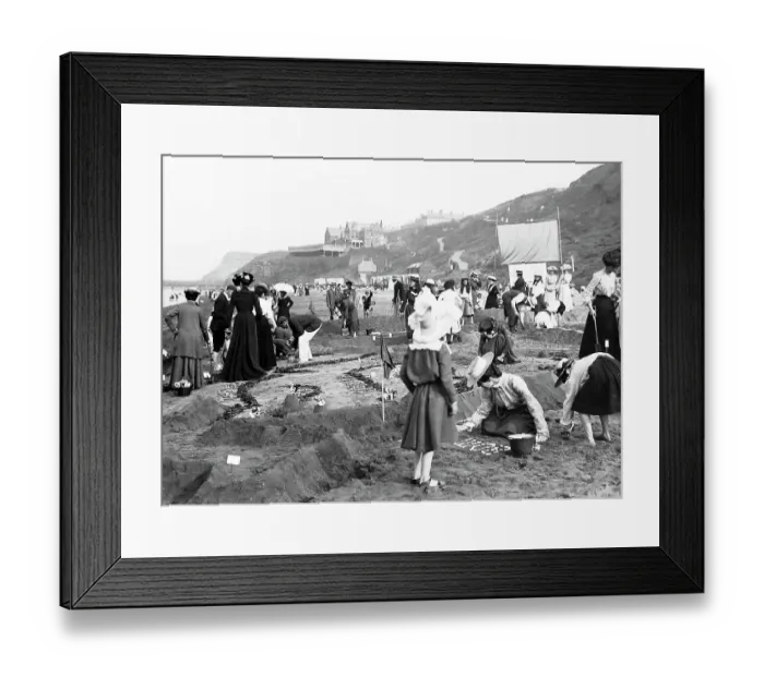 Framed Print : Children on Whitby Sands making a sand map of India Framed Print : Children on Whitby Sands making a sand map of India