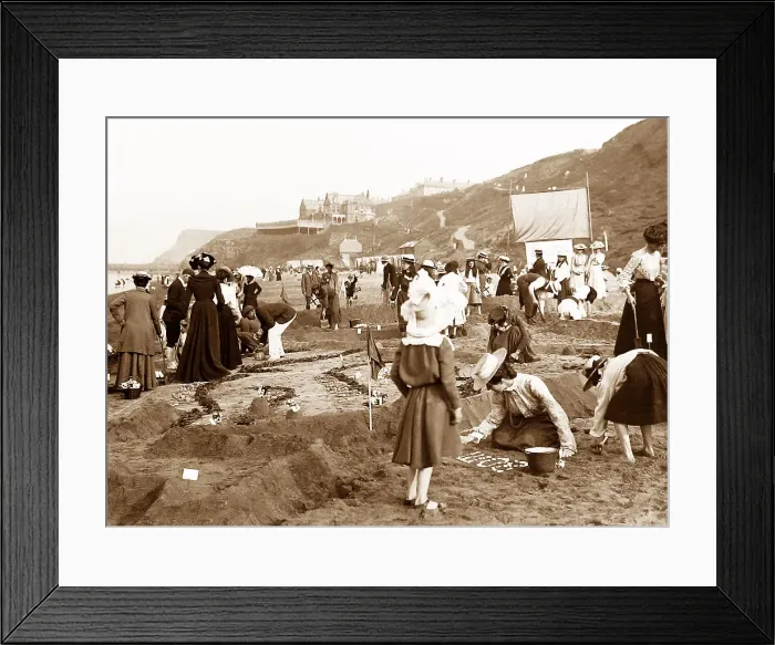 Framed Print : Children on Whitby Sands making a sand map of India Framed Print : Children on Whitby Sands making a sand map of India