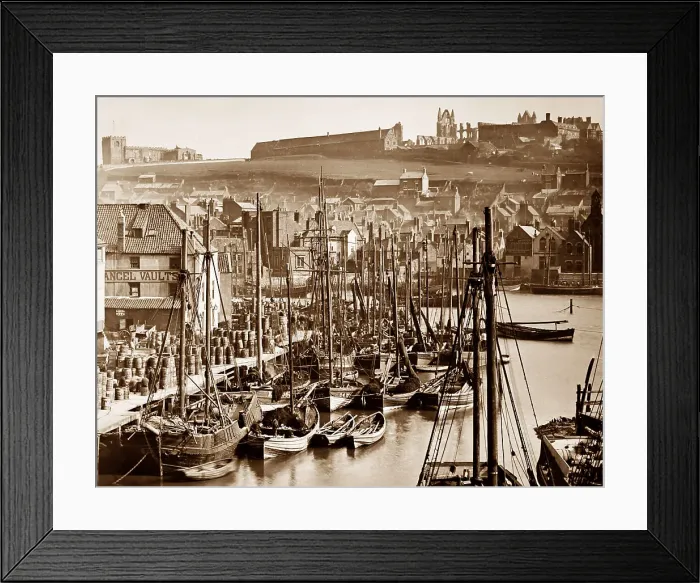 Framed Print : Whitby harbour and Abbey, Victorian period Framed Print : Whitby harbour and Abbey, Victorian period