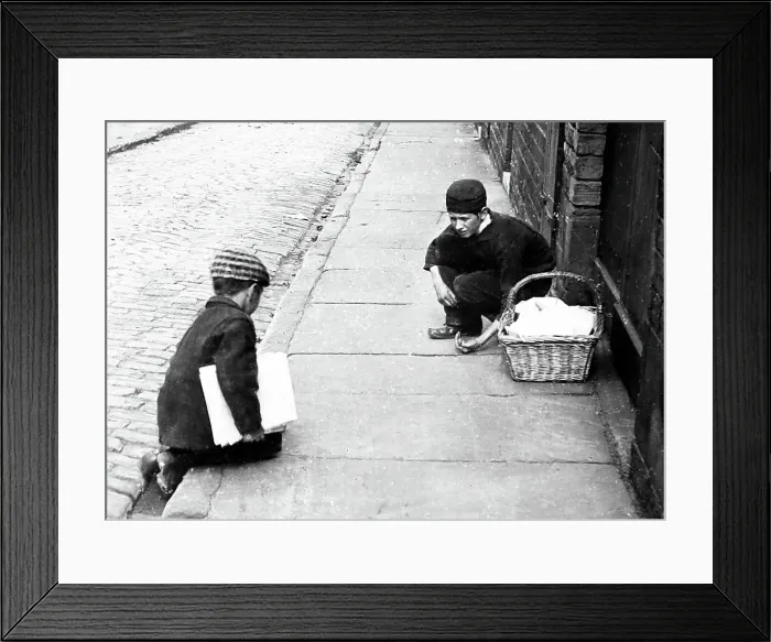 Framed Print : Delivery boys playing marbles, Victorian period Framed Print : Delivery boys playing marbles, Victorian period