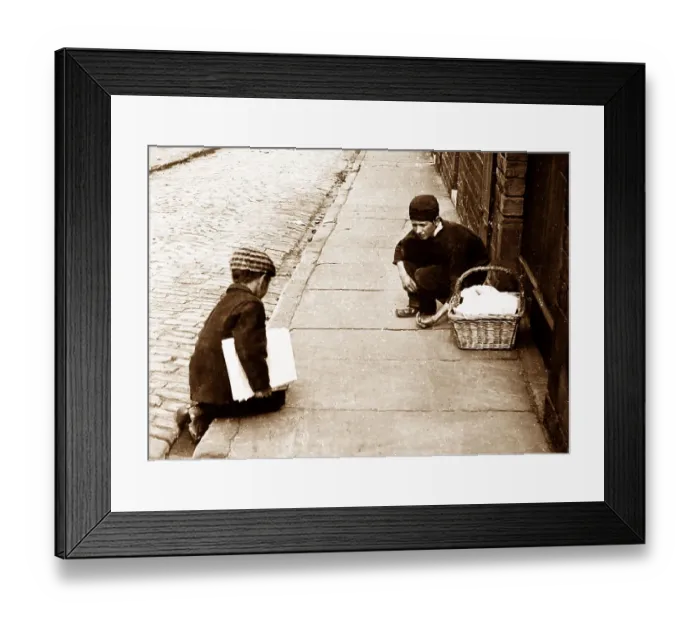 Framed Print : Delivery boys playing marbles, Victorian period Framed Print : Delivery boys playing marbles, Victorian period