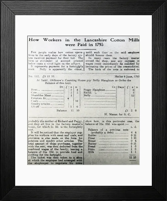 Framed Print : Lancashire cotton mill workers wages in 1793 Framed Print : Lancashire cotton mill workers wages in 1793