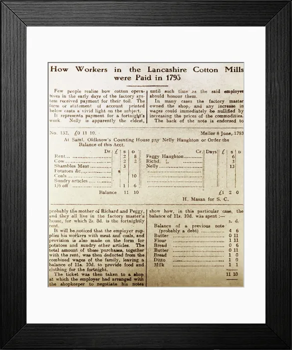 Framed Print : Lancashire cotton mill workers wages in 1793 Framed Print : Lancashire cotton mill workers wages in 1793