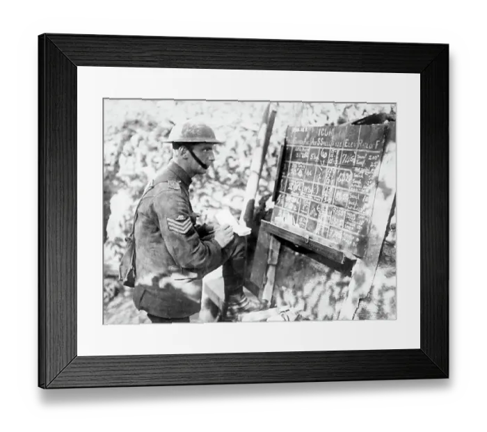 Framed Print : Calculating gun elevation levels in a trench during WW1 Framed Print : Calculating gun elevation levels in a trench during WW1