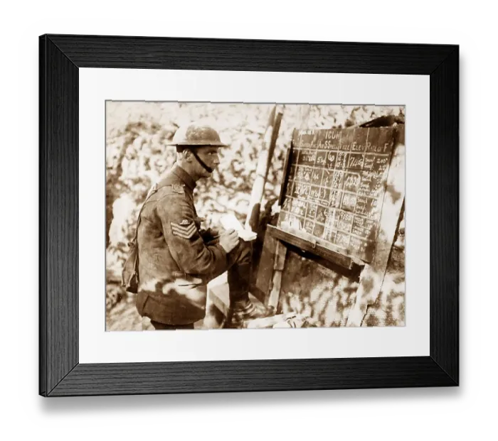 Framed Print : Calculating gun elevation levels in a trench during WW1 Framed Print : Calculating gun elevation levels in a trench during WW1