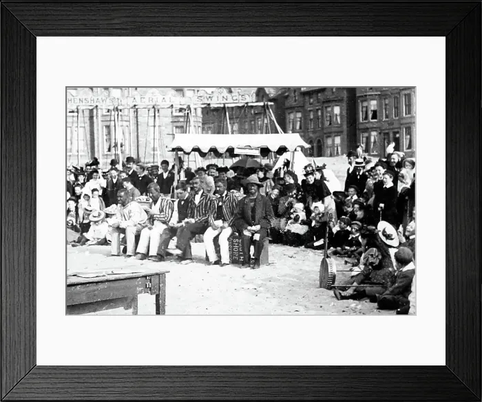 Framed Print : Pierrots on the beach, Blackpool, Victorian period Framed Print : Pierrots on the beach, Blackpool, Victorian period
