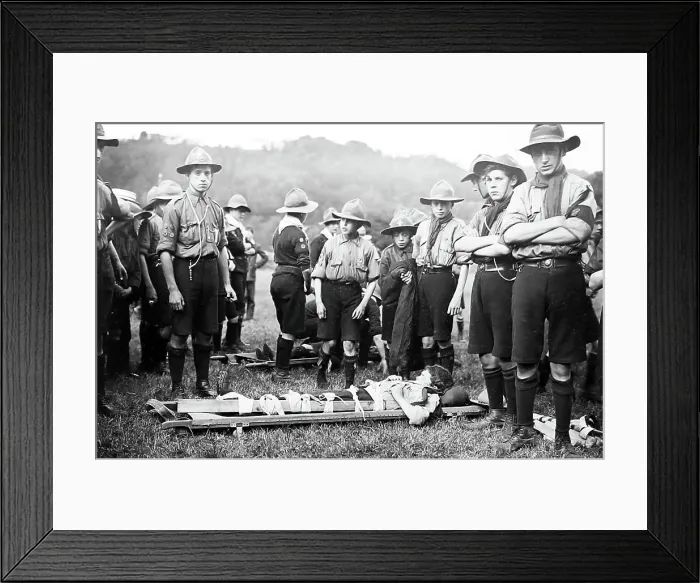 Framed Print : Stretcher party, Boy Scouts, early 1900s Framed Print : Stretcher party, Boy Scouts, early 1900s