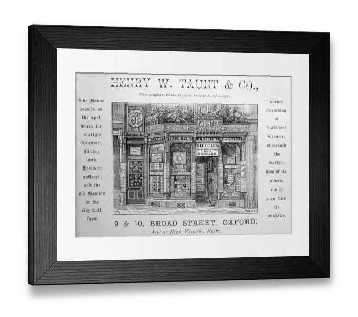 Framed Print : Advertisement for Henry W. Taunt's shop in Oxford, in 1875 Framed Print : Advertisement for Henry W. Taunt's shop in Oxford, in 1875