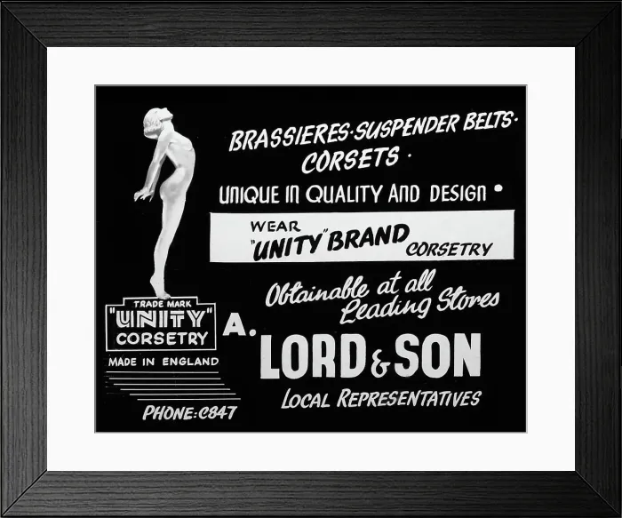 Framed Print : Cinema advertisement for Unity Brand corsetry, early 1900s Framed Print : Cinema advertisement for Unity Brand corsetry, early 1900s