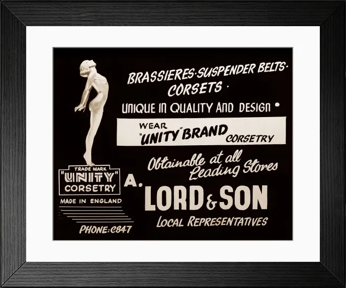 Framed Print : Cinema advertisement for Unity Brand corsetry, early 1900s Framed Print : Cinema advertisement for Unity Brand corsetry, early 1900s