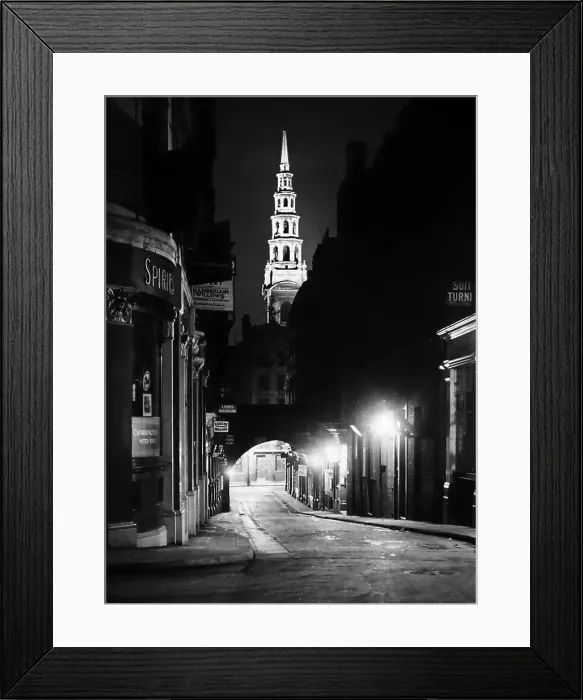 Framed Print : St. Brides Church Steeple London at night, probably 1920s Framed Print : St. Brides Church Steeple London at night, probably 1920s
