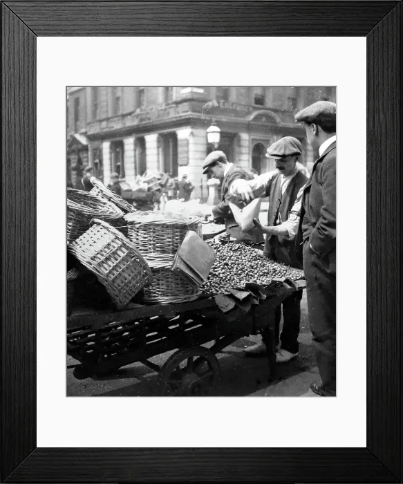 Framed Print : London barrow boy selling cherries, early 1900s Framed Print : London barrow boy selling cherries, early 1900s