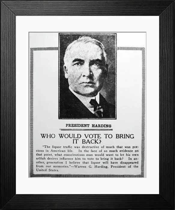 Framed Print : President Harding Prohibition message, probably 1920s Framed Print : President Harding Prohibition message, probably 1920s
