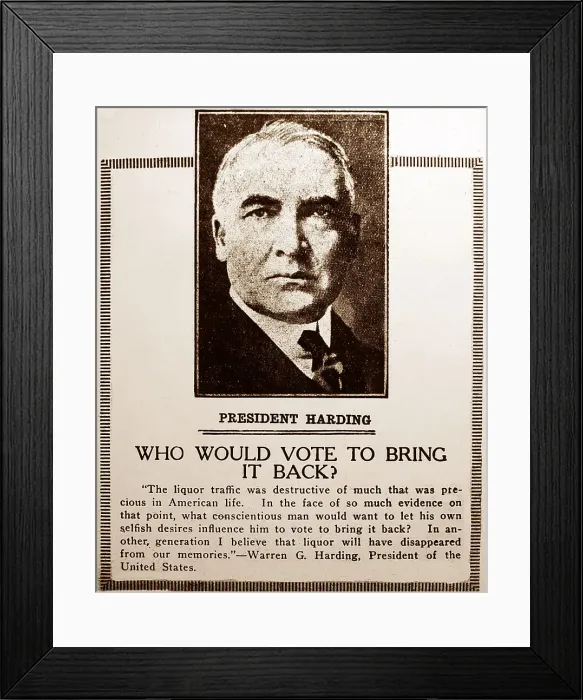 Framed Print : President Harding Prohibition message, probably 1920s Framed Print : President Harding Prohibition message, probably 1920s
