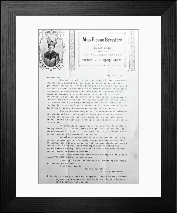 Framed Print : Flossie Beresford letter, racing tipster Framed Print : Flossie Beresford letter, racing tipster