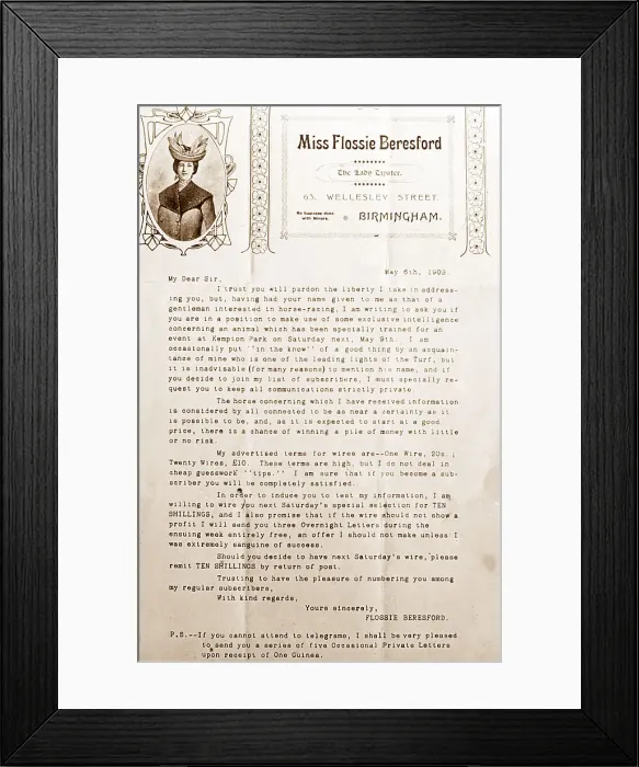 Framed Print : Flossie Beresford letter, racing tipster Framed Print : Flossie Beresford letter, racing tipster