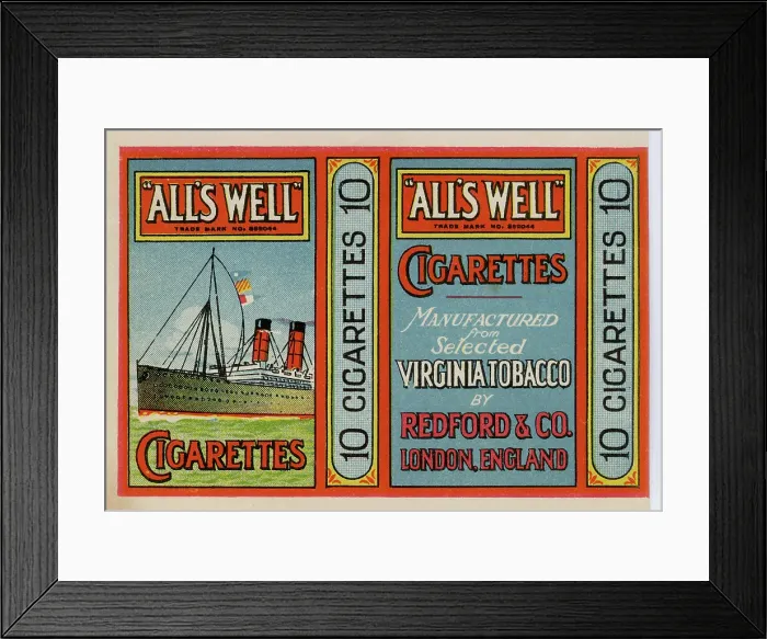Framed Print : All's Well Cigarettes by Redford and Co. packet design Framed Print : All's Well Cigarettes by Redford and Co. packet design