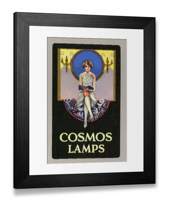 Framed Print : Advert, Cosmos Lamps, Art Deco design, woman reading Framed Print : Advert, Cosmos Lamps, Art Deco design, woman reading