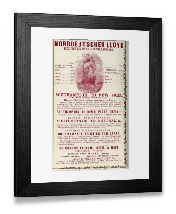 Framed Print : Norddeutscher Lloyd Mail Steamers, Southampton to NYC Framed Print : Norddeutscher Lloyd Mail Steamers, Southampton to NYC