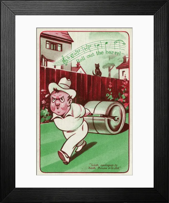 Framed Print : Roll out the barrel, cartoon gardener rolling lawn Framed Print : Roll out the barrel, cartoon gardener rolling lawn