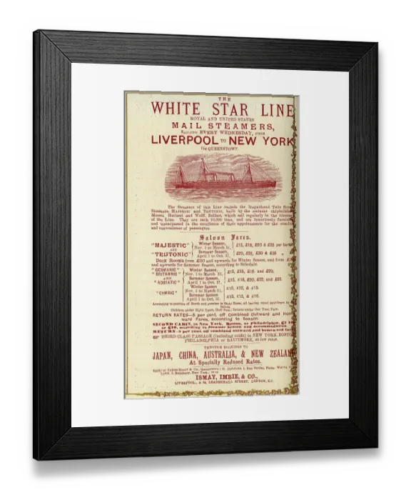 Framed Print : White Star Line, Mail Steamers, Liverpool to New York Framed Print : White Star Line, Mail Steamers, Liverpool to New York