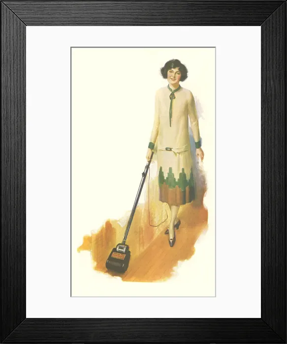 Framed Print : Hoovering - Housewife hoovering a floor surface. Date: 1923 Framed Print : Hoovering - Housewife hoovering a floor surface. Date: 1923
