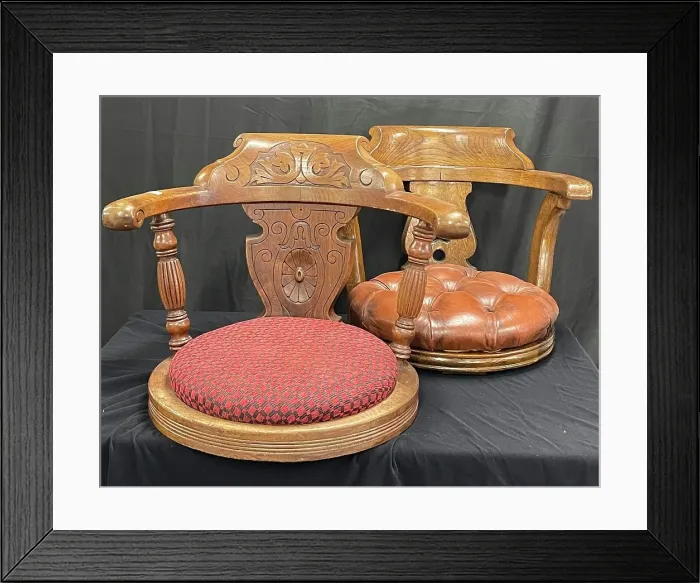 Framed Print : Early 20th century oak ship's dining chair tops Framed Print : Early 20th century oak ship's dining chair tops