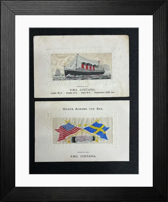 Framed Print : May Collection, RMS Lusitania two silk postcards Framed Print : May Collection, RMS Lusitania two silk postcards