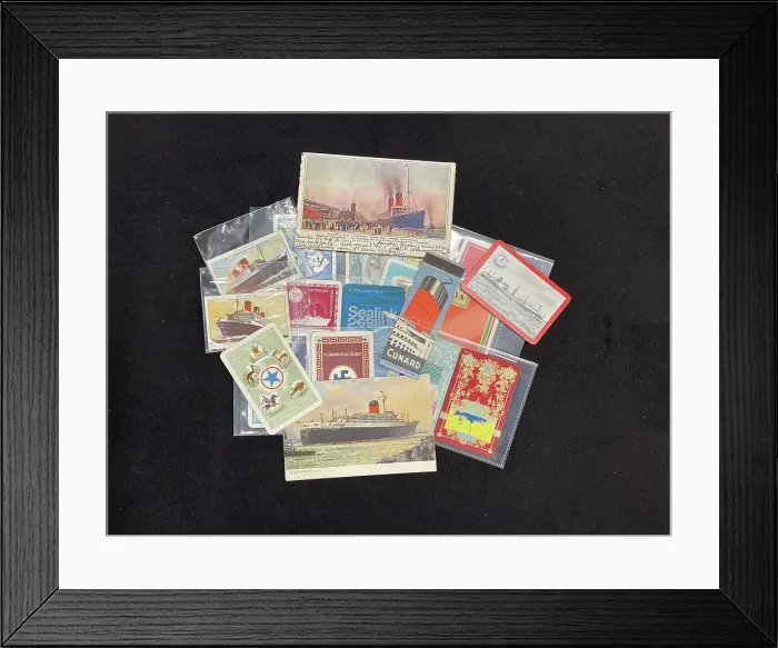 Framed Print : Shipping, collection of postcards, match labels Framed Print : Shipping, collection of postcards, match labels