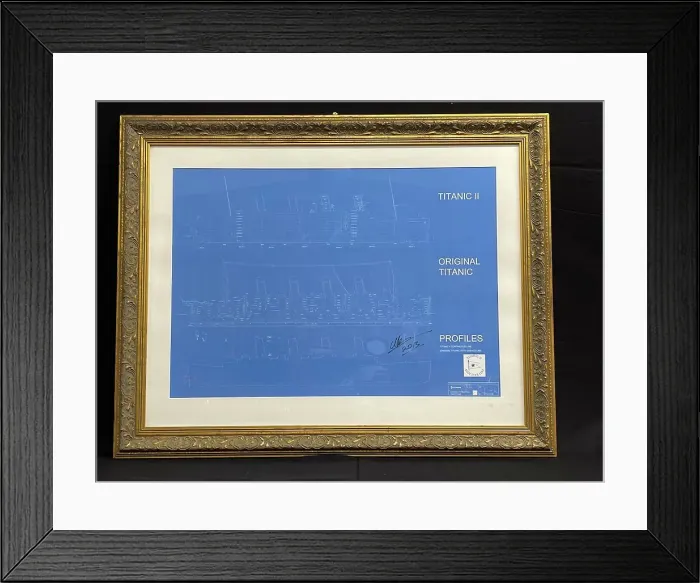 Framed Print : RMS Titanic II, blueprint profile design drawing, framed Framed Print : RMS Titanic II, blueprint profile design drawing, framed
