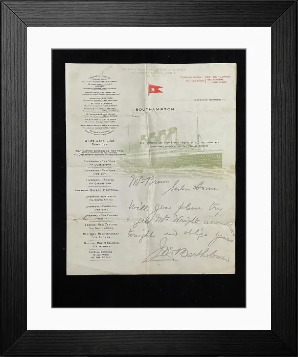 Framed Print : RMS Titamic, letter, John Bartholomew, Southampton Framed Print : RMS Titamic, letter, John Bartholomew, Southampton
