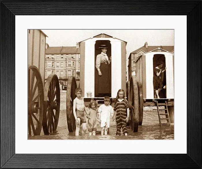 Framed Print : Seaside Bathing Machines early 1900s Framed Print : Seaside Bathing Machines early 1900s