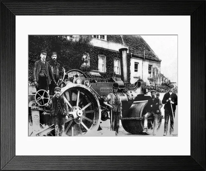 Framed Print : Steam roller and road gang Victorian period Framed Print : Steam roller and road gang Victorian period