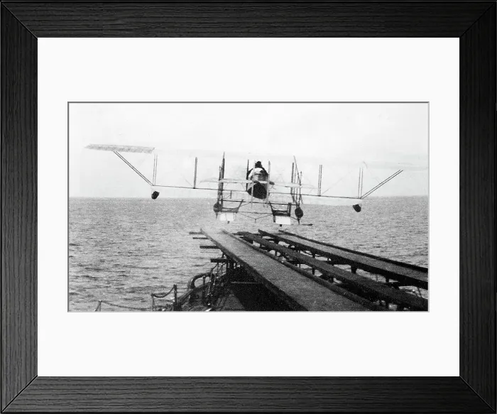 Framed Print : Caudron G11 biplane taking off from HMS Hermes early 1900s Framed Print : Caudron G11 biplane taking off from HMS Hermes early 1900s