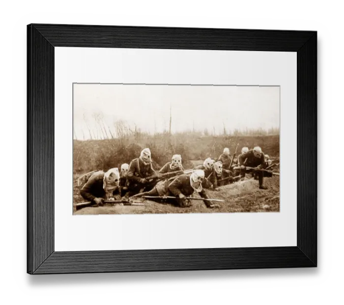 Framed Print : British Infantry advancing wearing gas helmets during WW1 Framed Print : British Infantry advancing wearing gas helmets during WW1