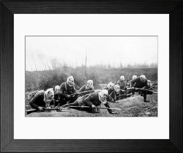 Framed Print : WW1 British Infantry advancing with gas masks Framed Print : WW1 British Infantry advancing with gas masks