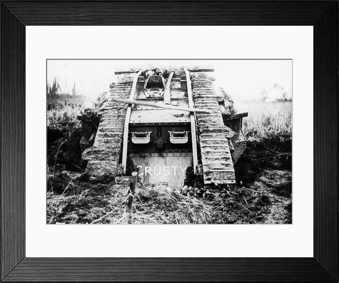 Framed Print : A British tank going through shell holes during WW1 Framed Print : A British tank going through shell holes during WW1