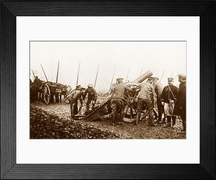 Framed Print : British gunners place a line of artillery in position - WW1 Framed Print : British gunners place a line of artillery in position - WW1