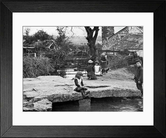 Framed Print : Dartmoor Children playing on stone bridge early 1900s Framed Print : Dartmoor Children playing on stone bridge early 1900s