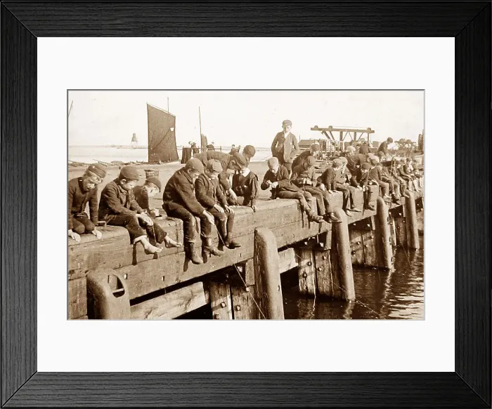 Framed Print : Boys fishing on a pier early 1900s Framed Print : Boys fishing on a pier early 1900s