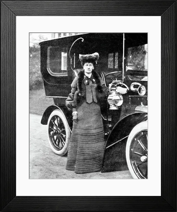 Framed Print : Lady and a veteran car, early 1900s Framed Print : Lady and a veteran car, early 1900s