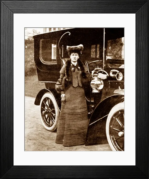 Framed Print : Lady and a veteran car, early 1900s Framed Print : Lady and a veteran car, early 1900s