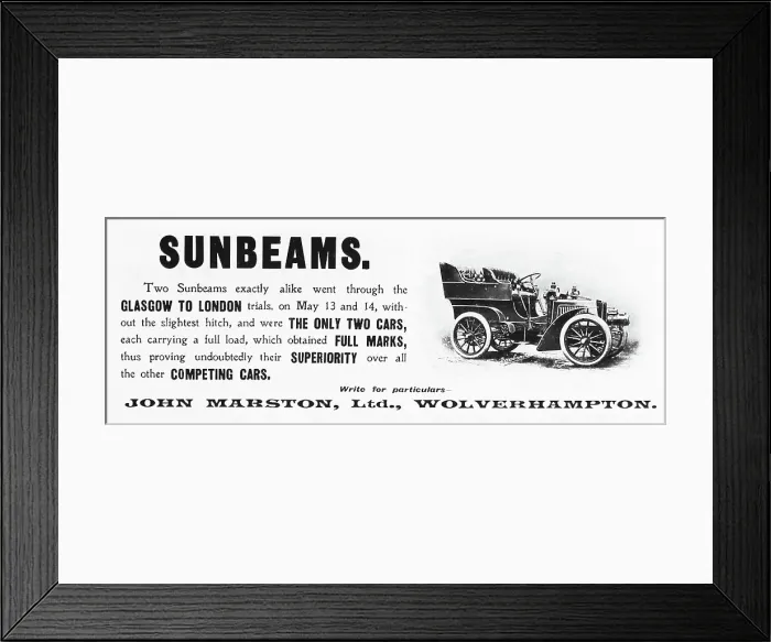 Framed Print : Advertisement for veteran Sunbeam cars Framed Print : Advertisement for veteran Sunbeam cars