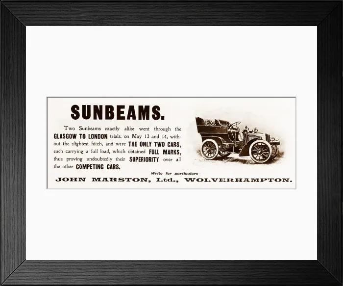 Framed Print : Advertisement for veteran Sunbeam cars Framed Print : Advertisement for veteran Sunbeam cars